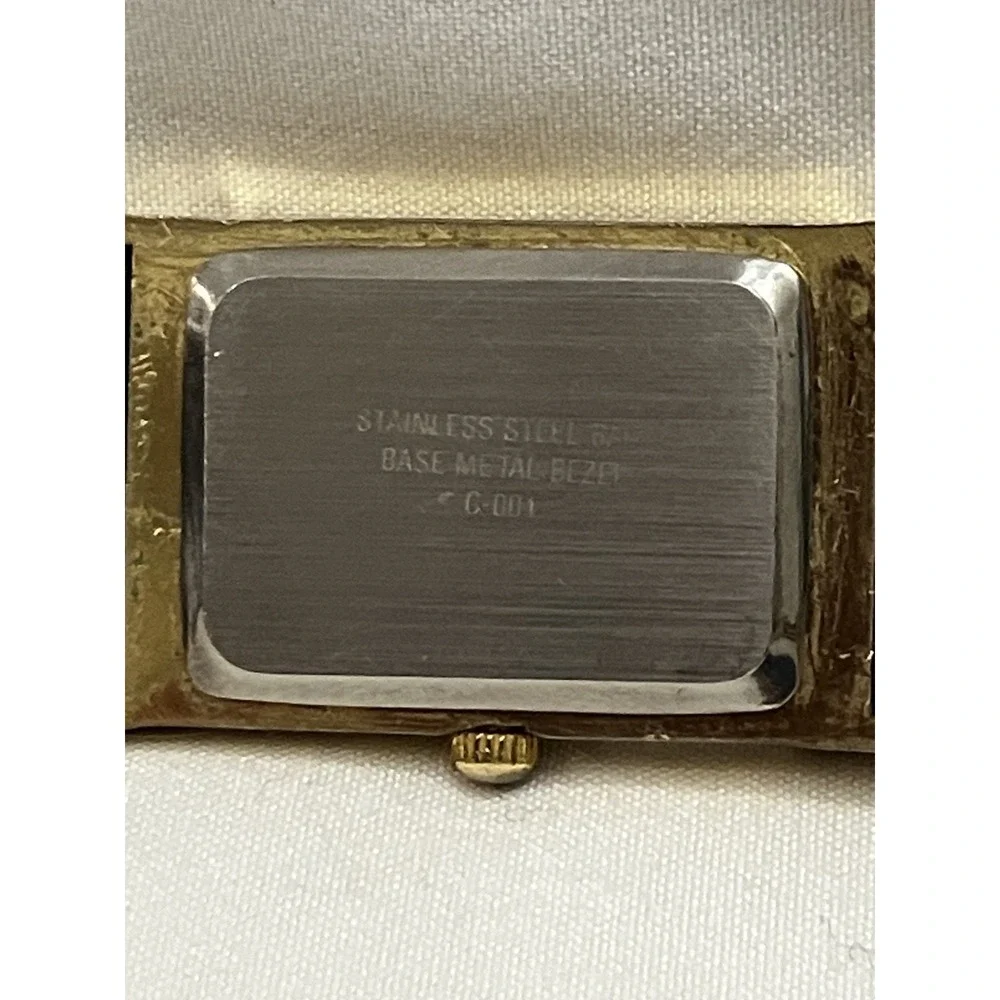Amstar VTG Gold Tone Watch Face Black Leather Embossed Band Art Deco Retro Works